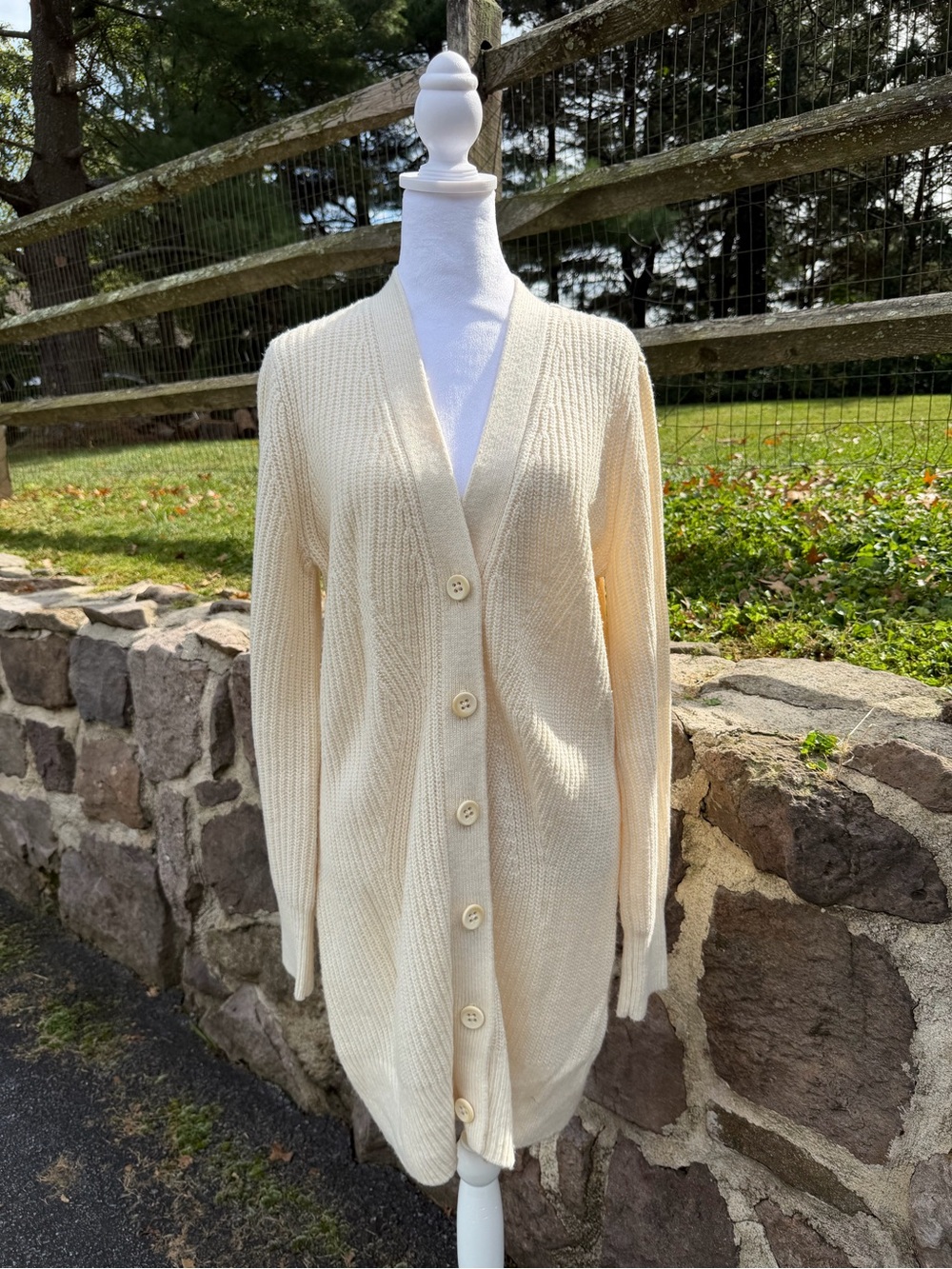 CAbi Cream Long Button-Front Knit Cardigan